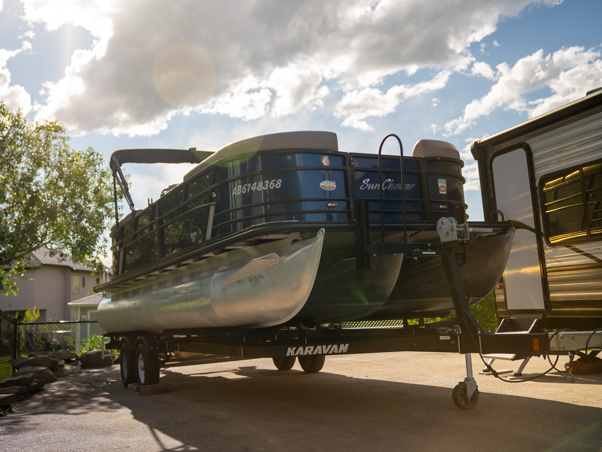 SunChaser pontoon fully detailed inside and out at sunset