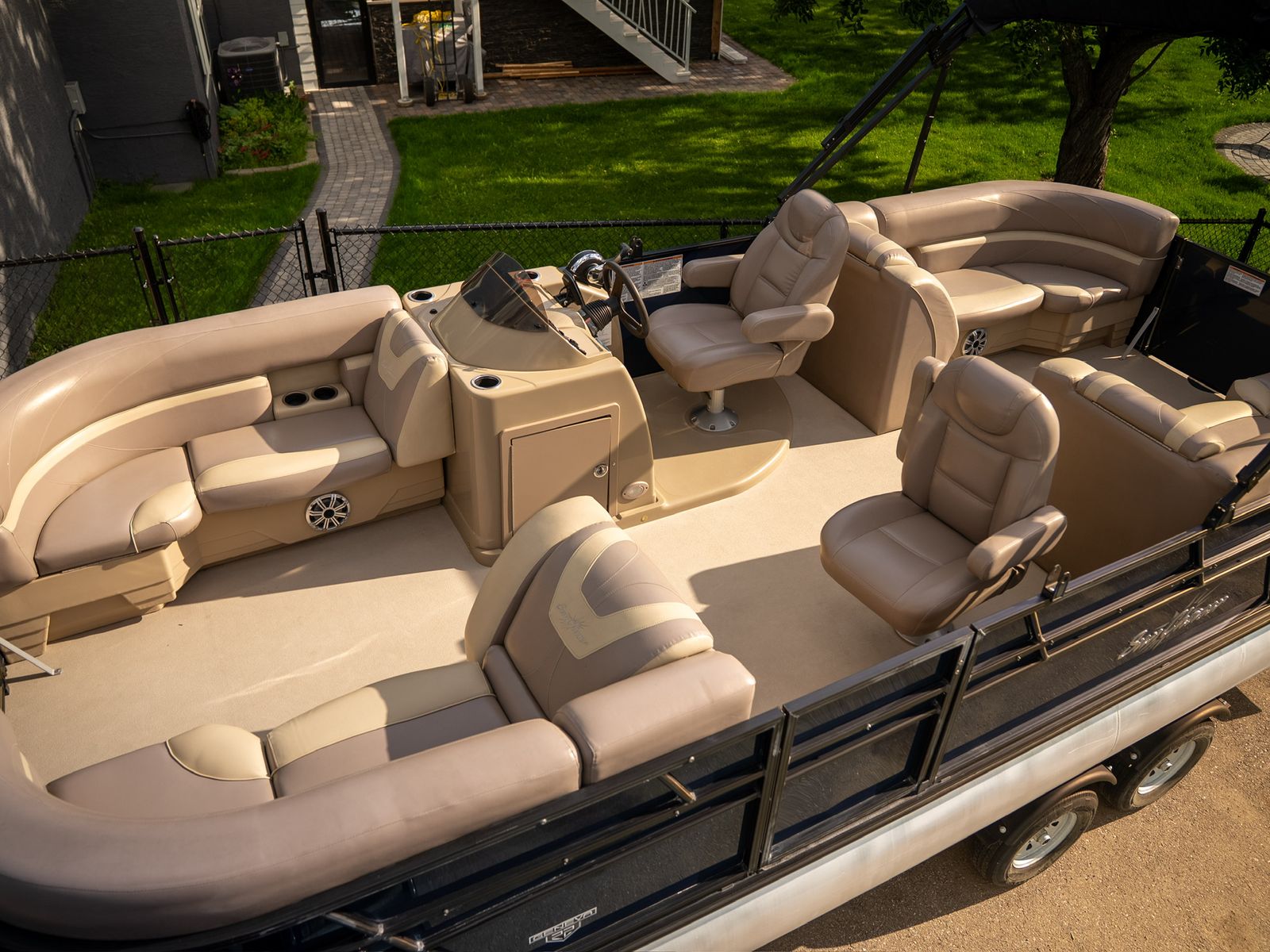 SunChaser pontoon boat deck and vinyl seating after interior detail