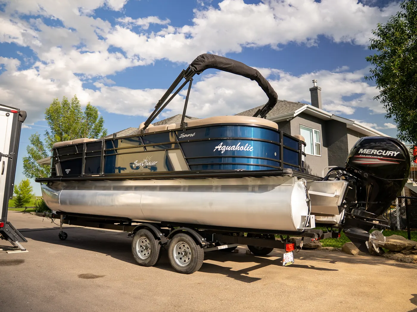 SunChaser pontoon on its trailer after detail