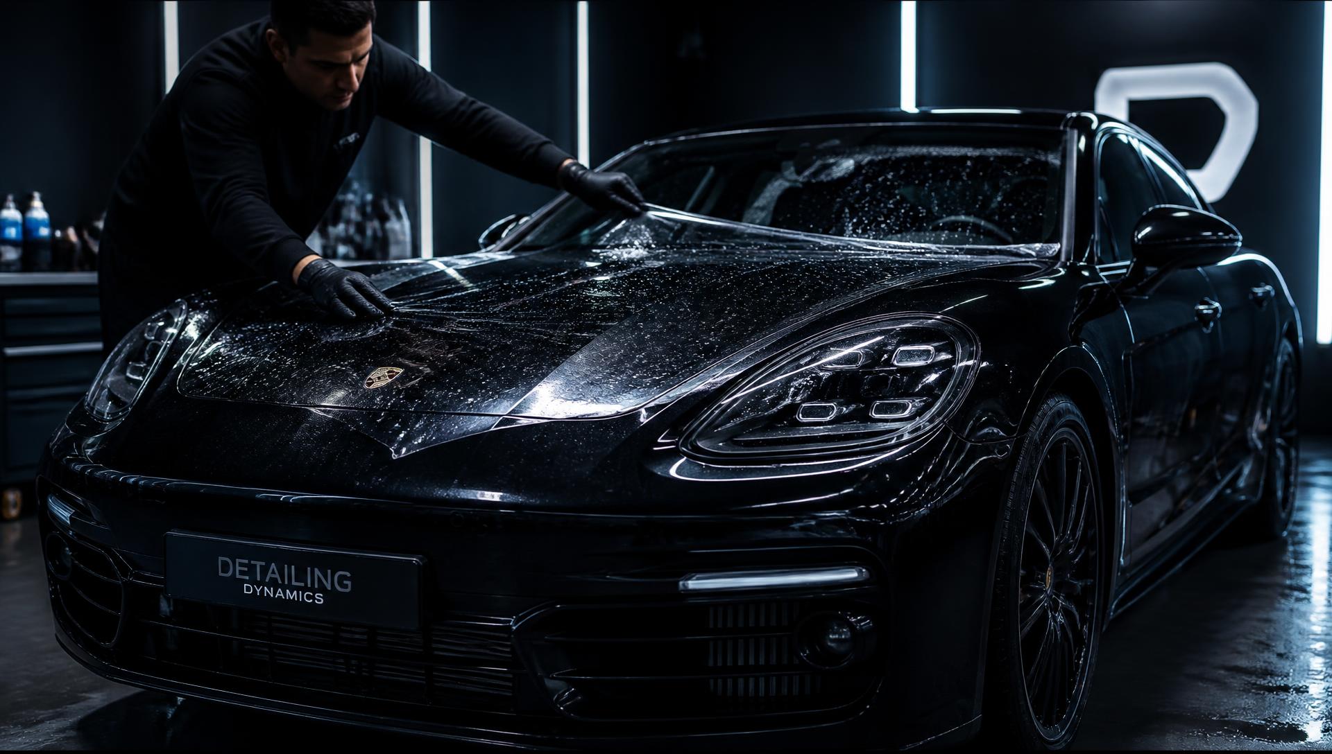 XPEL paint protection film being installed on a black luxury car hood in a Calgary detailing bay