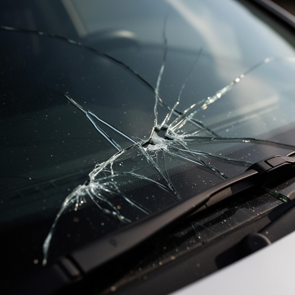 Cracked unprotected windshield with rock chip damage and spider-web fractures