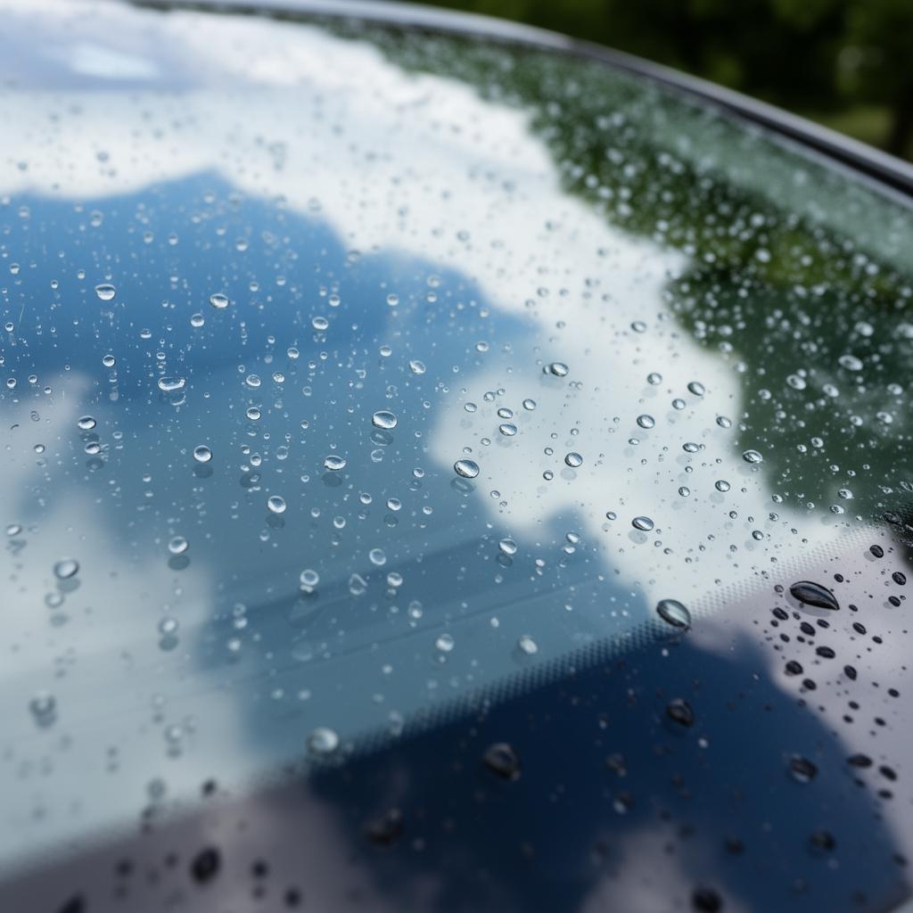 Crystal-clear windshield protected with paint protection film, water beading off